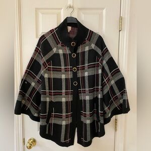 Plaid Cape Sweater by Hot In Hollywood side pockets, Blk/Gry/Burgundy, Size M/L